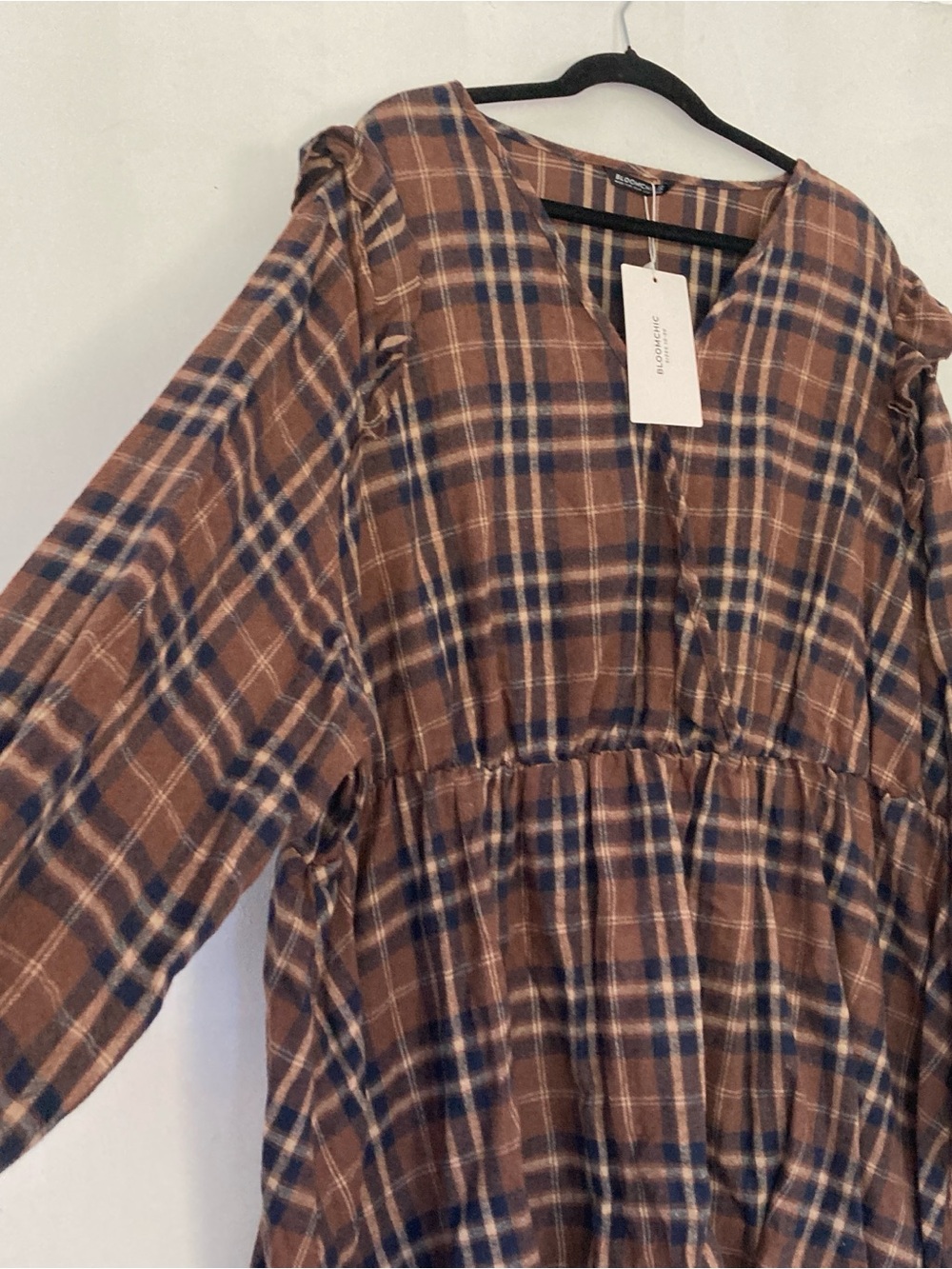Bloomchic V Neck Plaid Ruffles Sleevele Dress brown Sz 30 Oversized - Picture 3 of 16